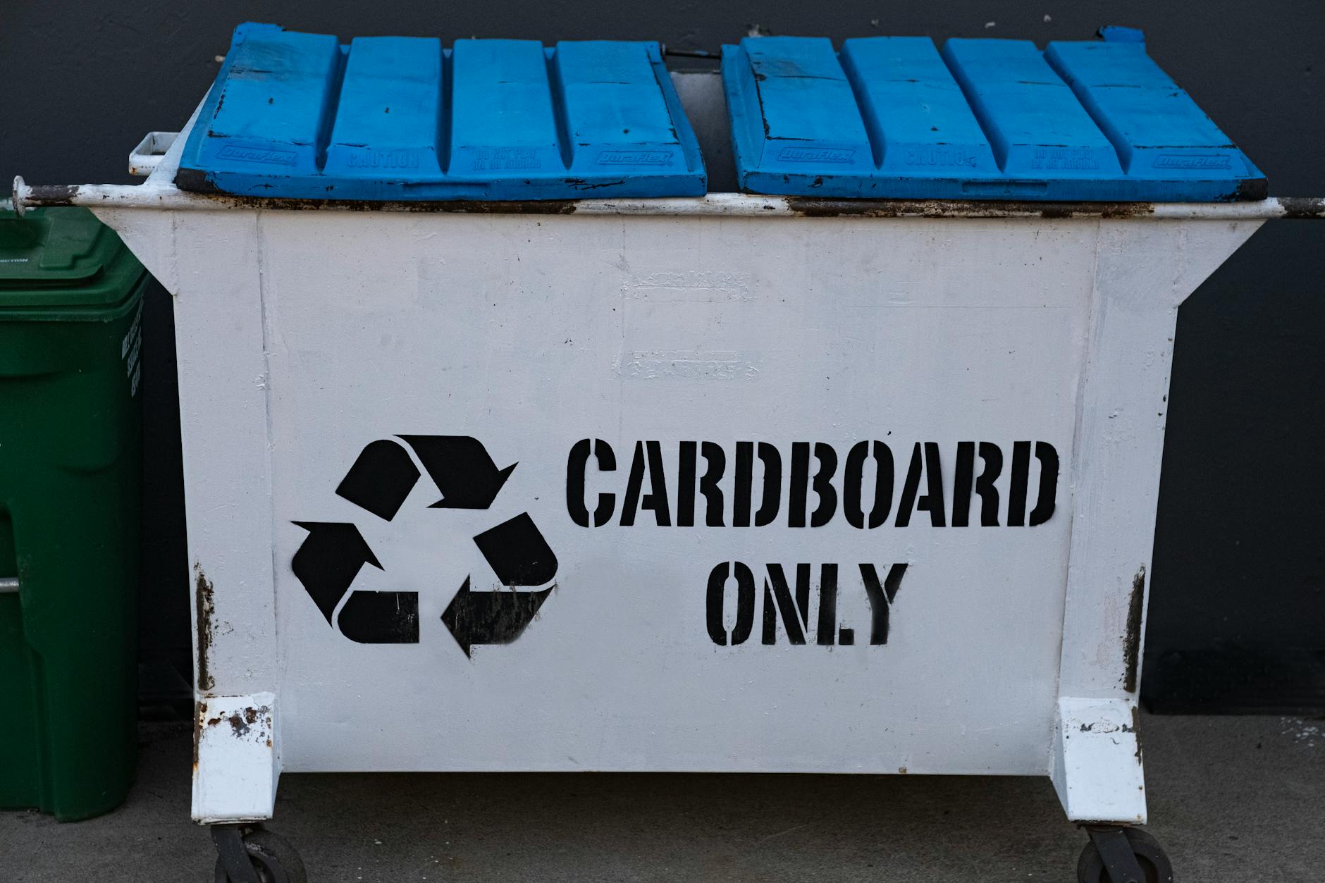 Biały pojemnik na makulaturę z niebieską pokrywą i symbolem recyklingu