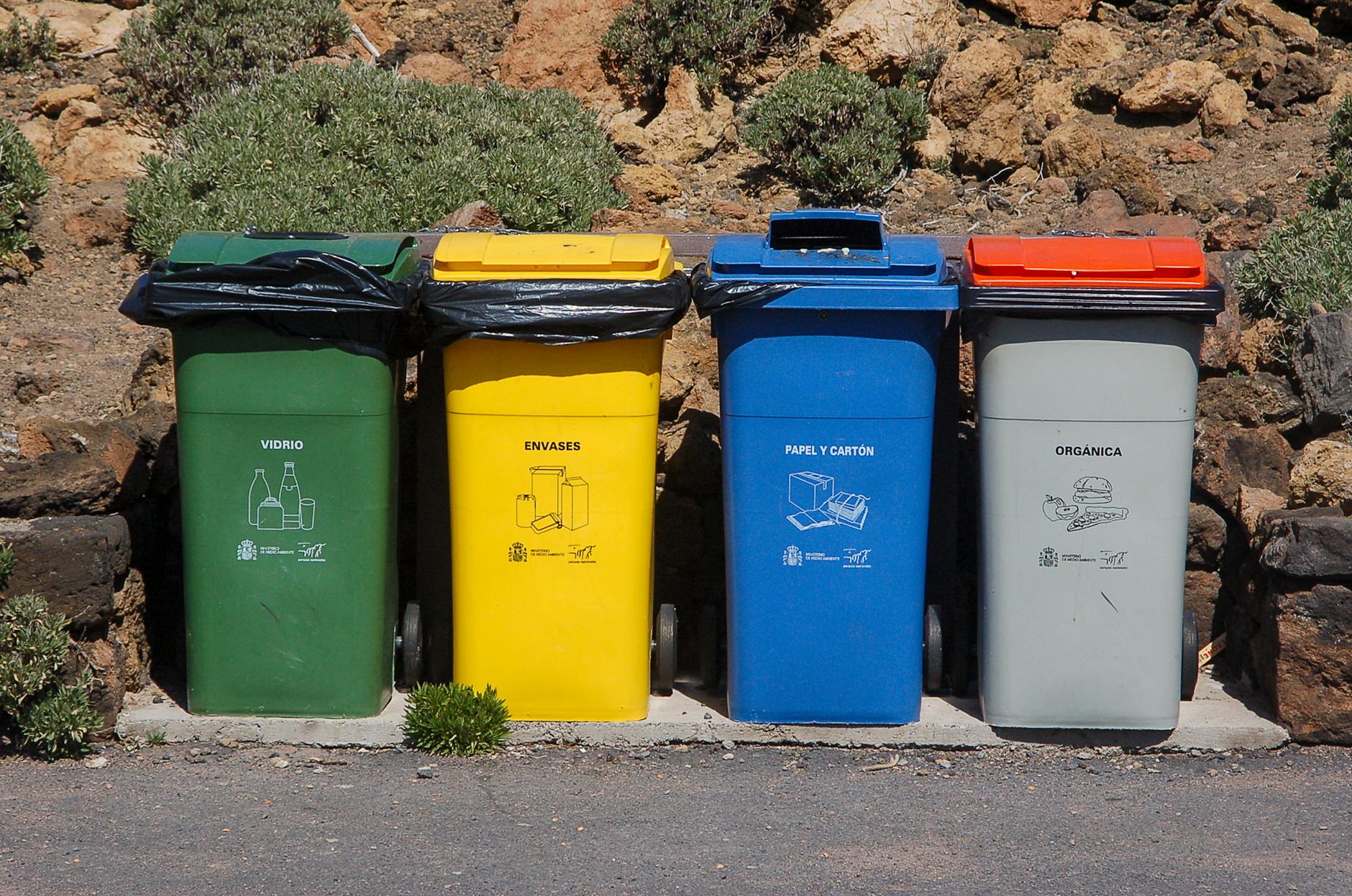 Cztery kolorowe pojemniki na szkło, papier, bioodpady i opakowania na zewnątrz