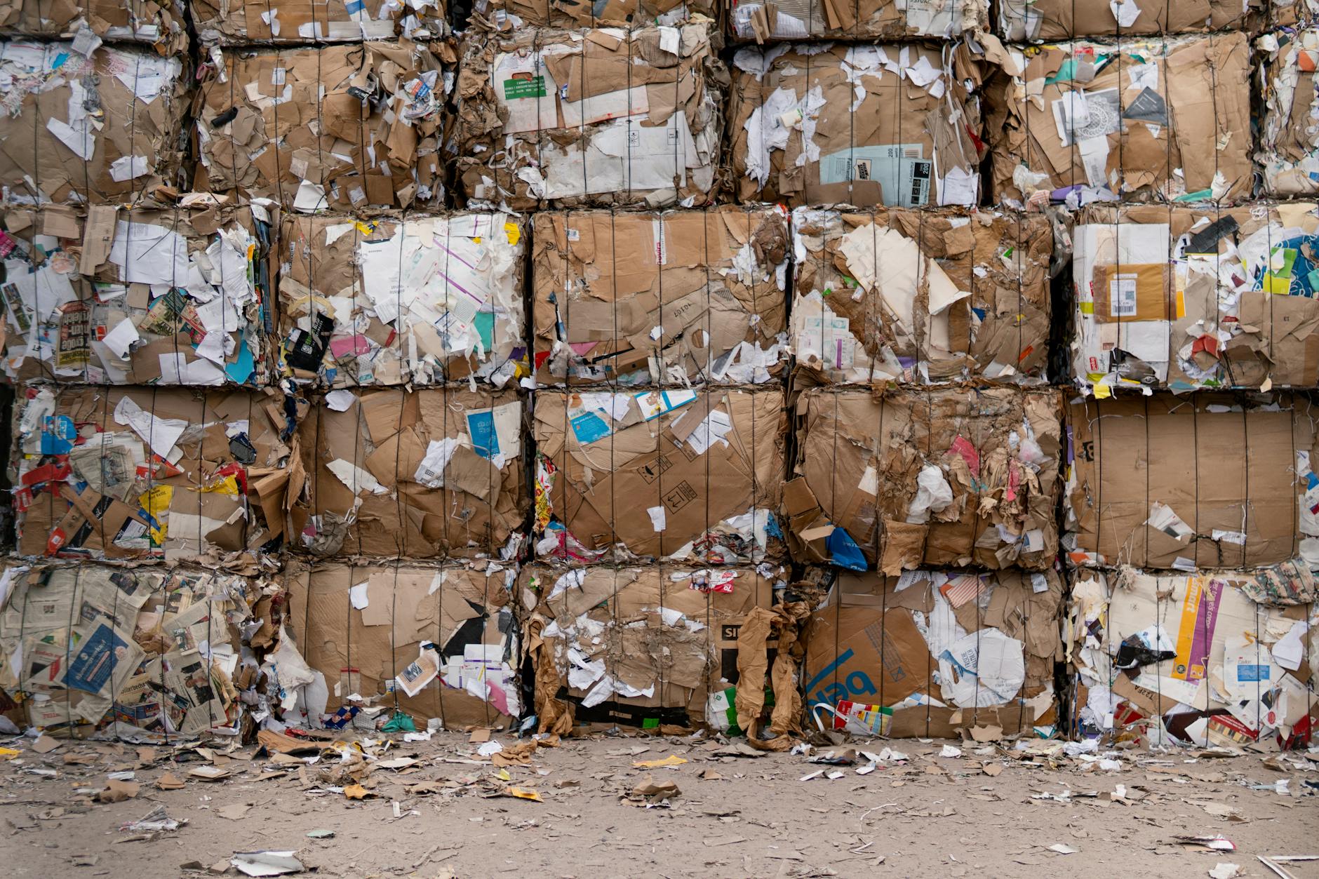 Sprasowane bele tektury przygotowane do recyklingu na zewnątrz