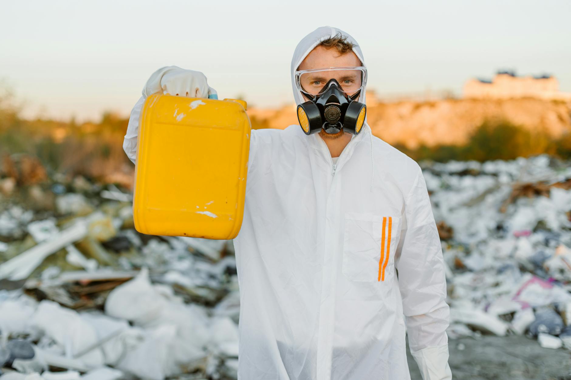 Pracownik w kombinezonie ochronnym z żółtym pojemnikiem na odpady