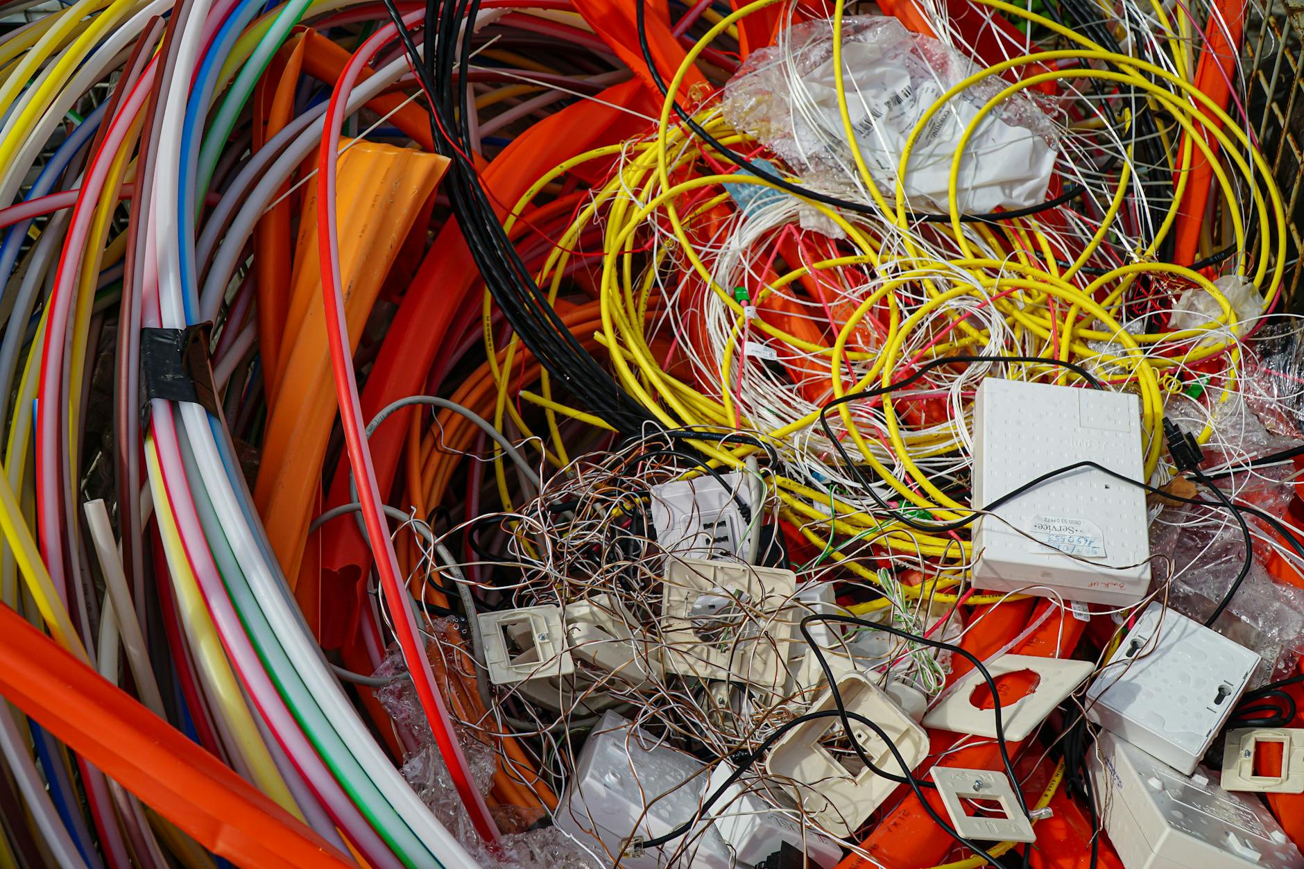 Poplątane kable elektryczne przygotowane do recyklingu
