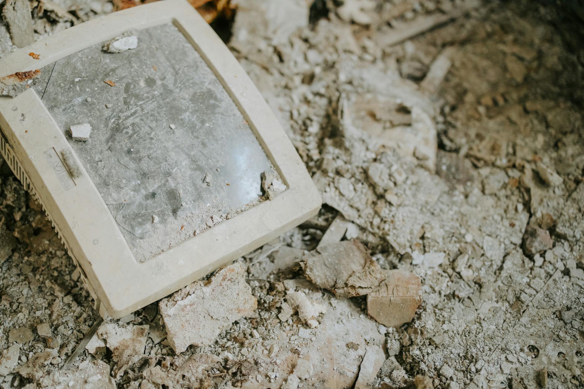 Stary monitor komputerowy porzucony na gruzie jako elektroodpad