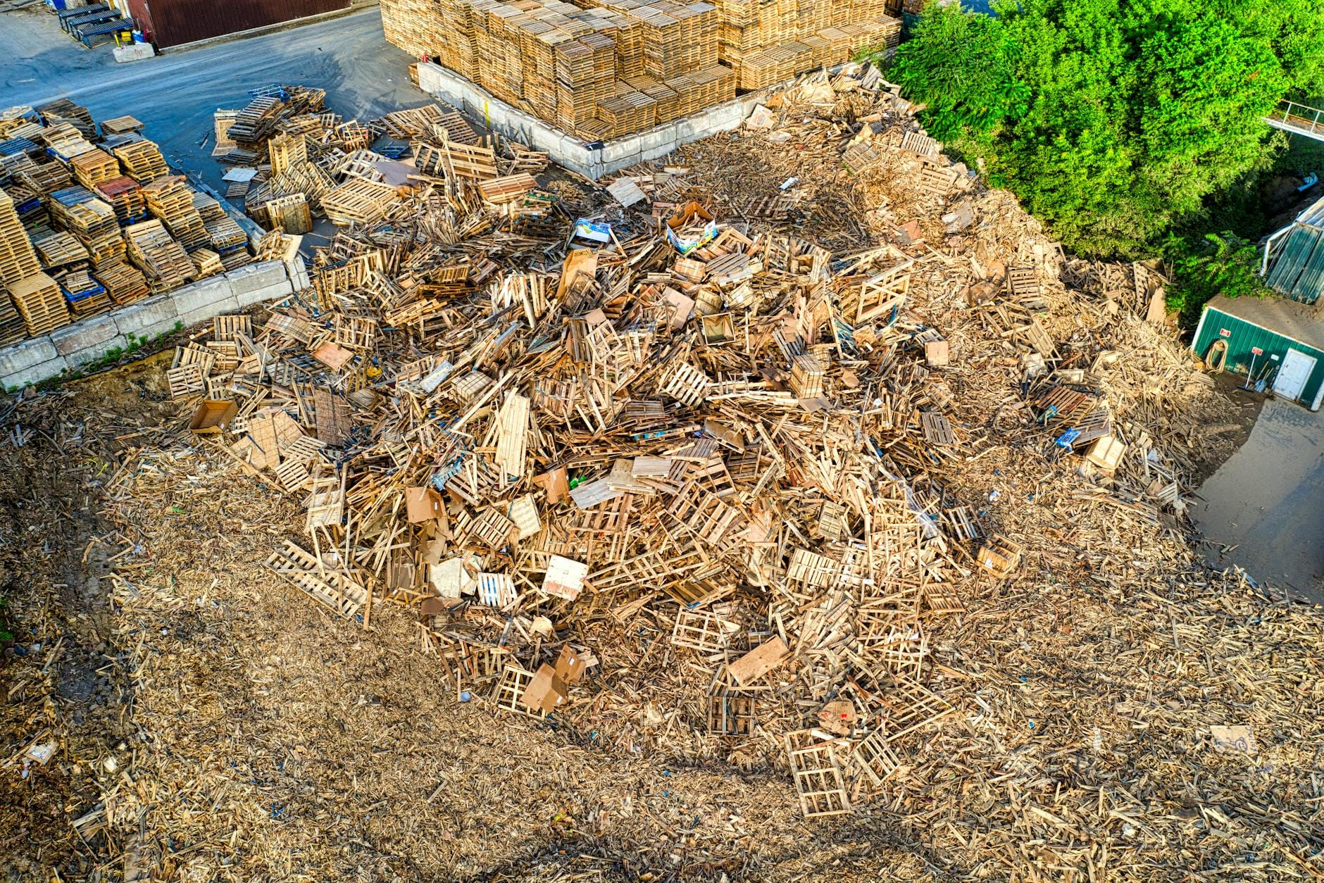 Stosy drewnianych palet przeznaczonych do recyklingu na placu przemysłowym